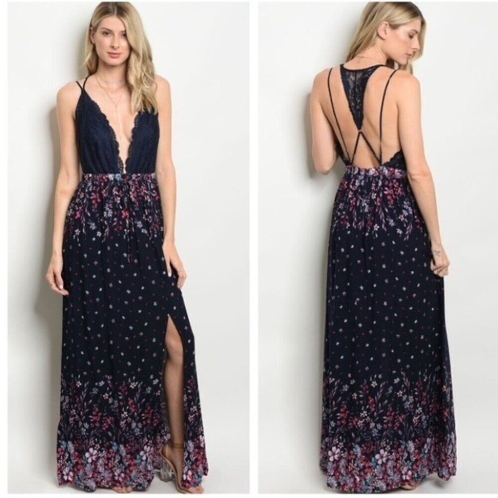 NAVY PINK PLUNGING NECKLINE DRESS
